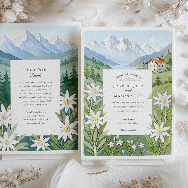 Invitation Watercolor Suisse Mariage Edelweiss (Créateur téléchargé)