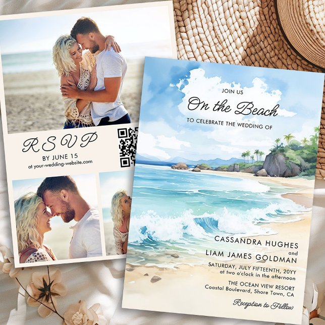 Invitation Watercolor Summer Beach Photo Wedding RSVP & (Photo Wedding Invitation with RSVP and QR Code from Summer Beach Wedding Collection by Darling & May)