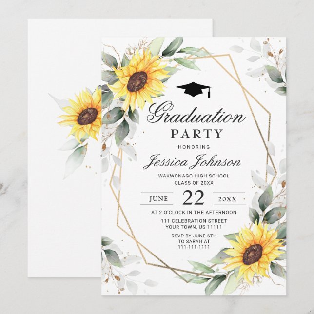 Invitation Watercolor Sunflower Eucalyptus Graduation Party (Devant / Derrière)