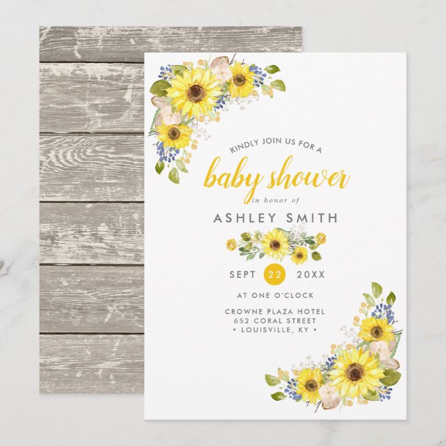 Invitation Watercolor Sunflower Rustic Country Baby shower (Devant / Derrière)