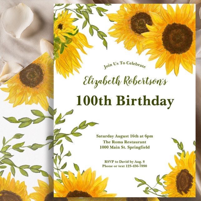 Invitation Watercolor Sunflowers Women's 100th Birthday  (Créateur téléchargé)