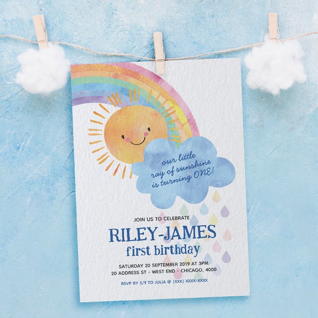 Invitation Watercolor Sunshine et Rainbow Birthday (Celebrate with this rainbow invitation, that's bursting with colors and good vibes!)