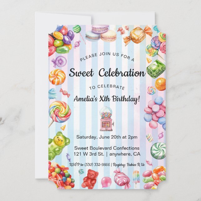 Invitation Watercolor Sweet Celebration Candy Enfant's Birthd (Devant)