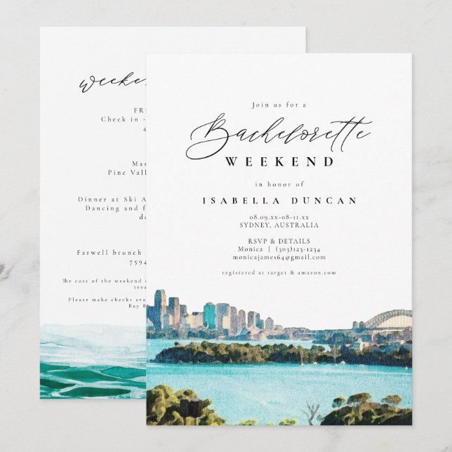 Invitation Watercolor Sydney Australie Skyline Tropical Beach (Devant / Derrière)