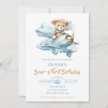 Watercolor Teddy Bear Aviator Bear-y First Birthda