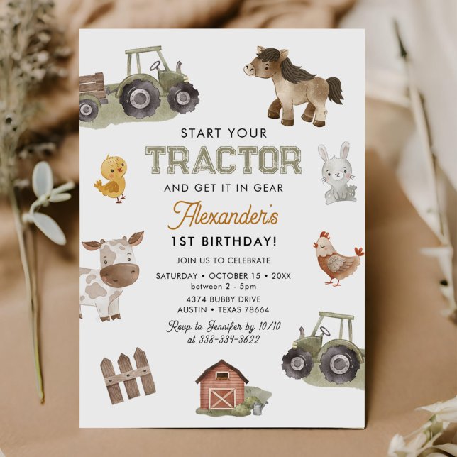 Invitation Watercolor Tractor 1st Birthday  (Créateur téléchargé)