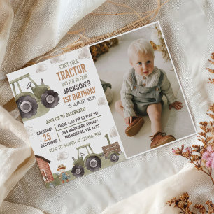 Invitation Watercolor Tractor Farm 1er Anniversaire Photo