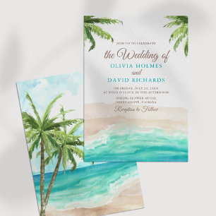 Invitation Watercolor Tropical Beach and Palm Trees Mariage