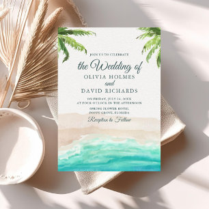Invitation Watercolor Tropical Beach and Palm Trees Mariage
