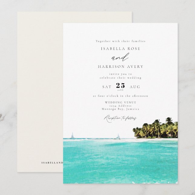 Invitation Watercolor Tropical Beach Jamaica Island Mariage (Devant / Derrière)
