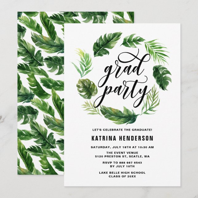 Invitation Watercolor Tropical Feuille Wreath Graduation Part (Devant / Derrière)