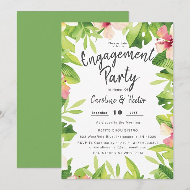 Invitation Watercolor Tropical Floral Engagement Party (Devant / Derrière)