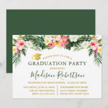 Watercolor Tropical Floral Gold Graduation Party