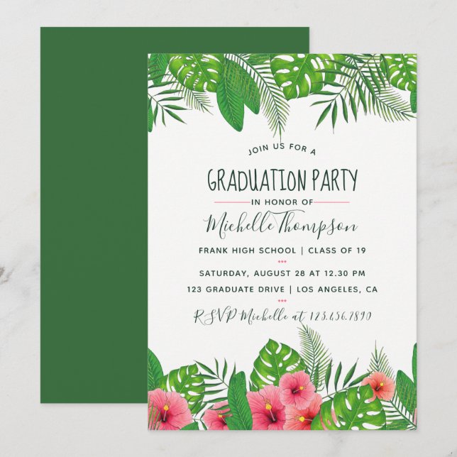 Invitation Watercolor tropicale Graduation Party (Devant / Derrière)