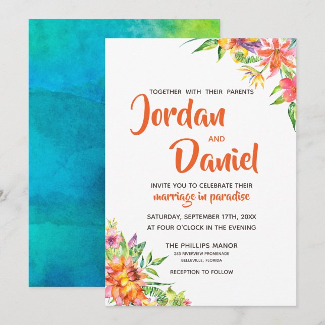 Invitation Watercolor Tropics Floral Chic Destination Mariage (Devant / Derrière)