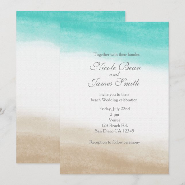 Invitation Watercolor Turquoise & Tan Elegant Beach Wedding (Devant / Derrière)