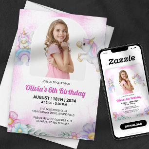 Invitation Watercolor Unicorn Rainbow Girl Photo Anniversaire