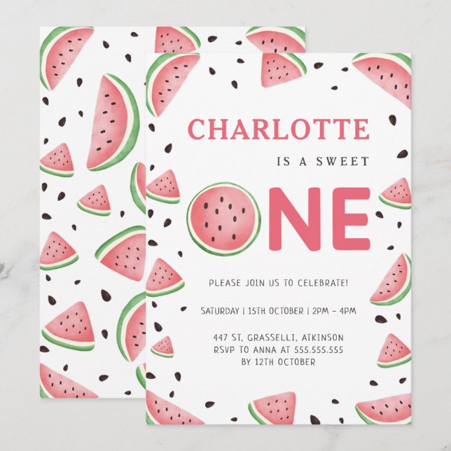 Invitation Watercolor Watermelon 1er Summer Anniversaire (Devant / Derrière)