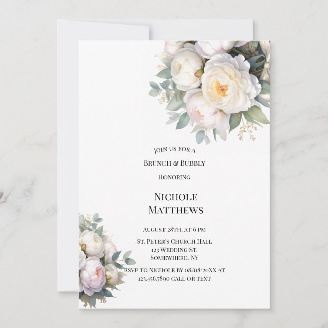 Invitation Watercolor White Peonies Brunch & Bubbly (Devant)