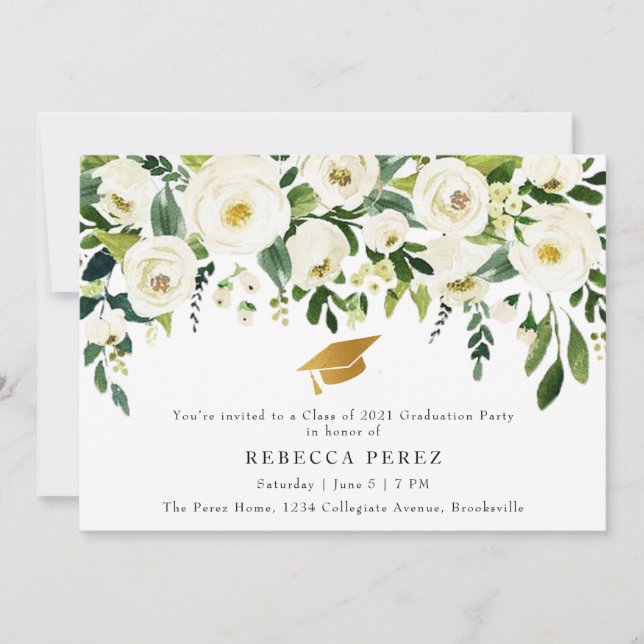 Invitation Watercolor White Roses Greenery Graduation Party (Devant)