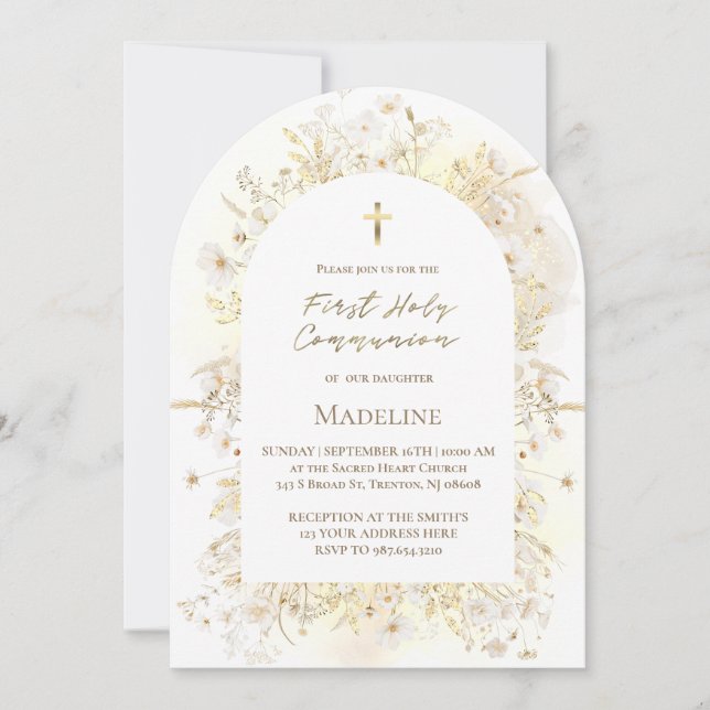 Invitation watercolor white yellow flowers First Communion (Devant)