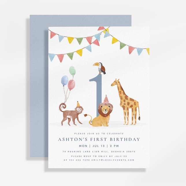 Invitation Watercolor Wild Animals First Birthday (Créateur téléchargé)