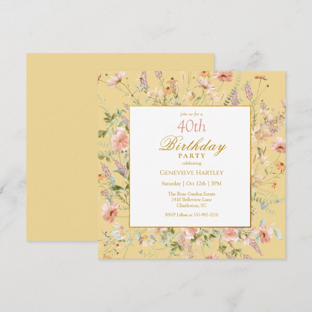 Invitation Watercolor Wildflowers 40th Yellow Birthday (Devant / Derrière)