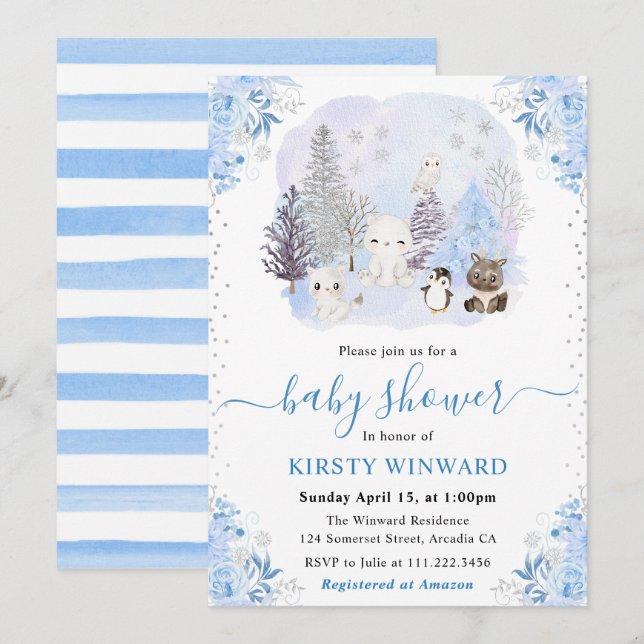 Invitation Watercolor Winter Arctic Animals Baby Shower (Devant / Derrière)