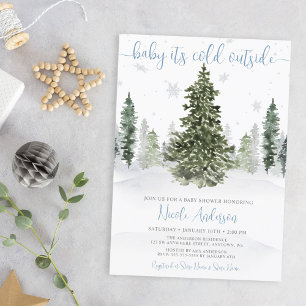 Invitation Watercolor Winter Forest Baby shower bleu