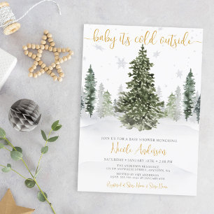 Invitation Watercolor Winter Forest Gold Baby shower