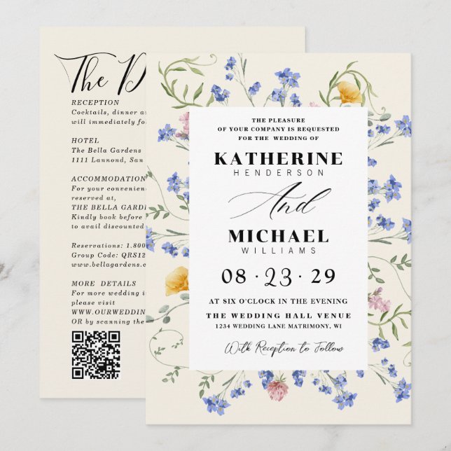 Invitation Watercolor Wldflowers Meadow Details RSVP Wedding (Devant / Derrière)