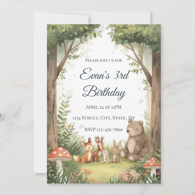 Invitation Watercolor Woodland Creatures Birthday Invite (Devant)