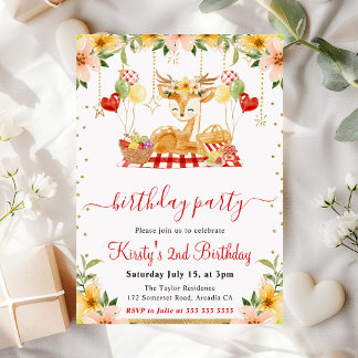 Invitation Watercolor Woodland Deer Picnic Birthday