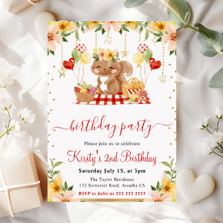 Invitation Watercolor Woodland Squirrel Picnic Birthday