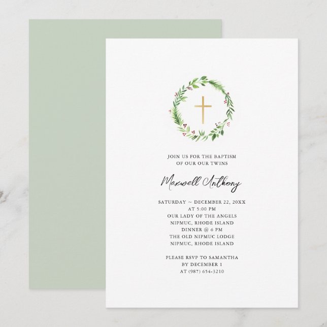 Invitation Watercolor Wreath and Gold Cross Baptism (Devant / Derrière)