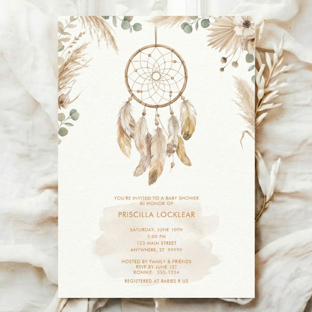 Invitation watercolour Boho flower Dreamcatcher Baby Shower (Créateur téléchargé)