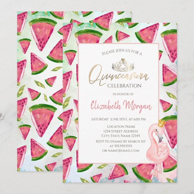 Invitation Watermelon Flamants roses roses Quinceañera (Devant / Derrière)