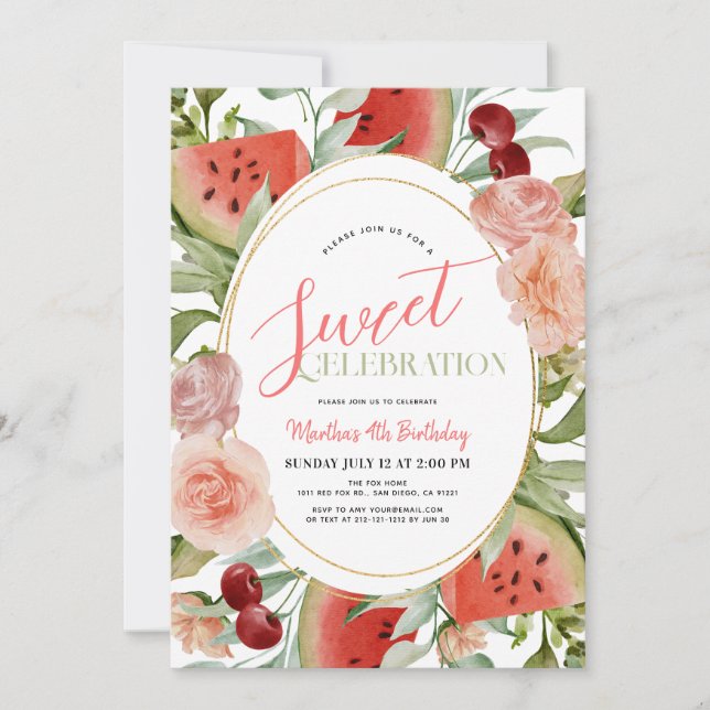 Invitation Watermelon Floral Sweet Celebration Fille Annivers (Devant)