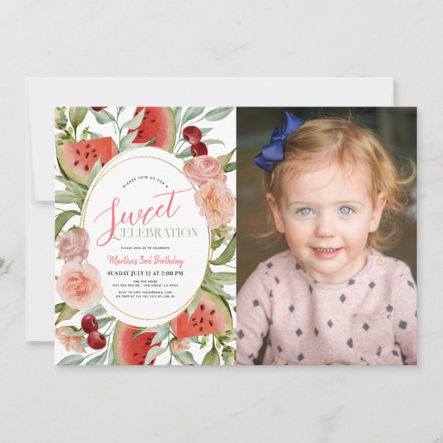 Invitation Watermelon Floral Sweet Girl Birthday Photo (Devant)