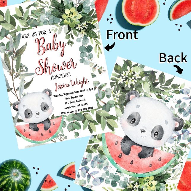 Invitation Watermelon Panda Watercolor Baby shower (Watermelon Panda Evergreen Jungle Baby Shower Invitations)