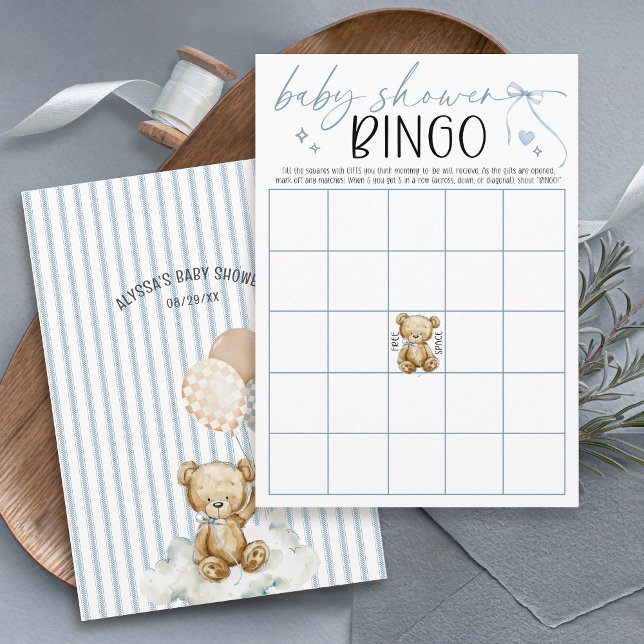 Invitation We Can Bearly Wait Baby Shower Bingo Game Card (We can bearly wait watercolor teddy bear blue stripes checkerboard balloons baby shower bingo game)