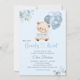 Invitation We Can Bearly Wait Blue Balloon Boy Baby Shower 