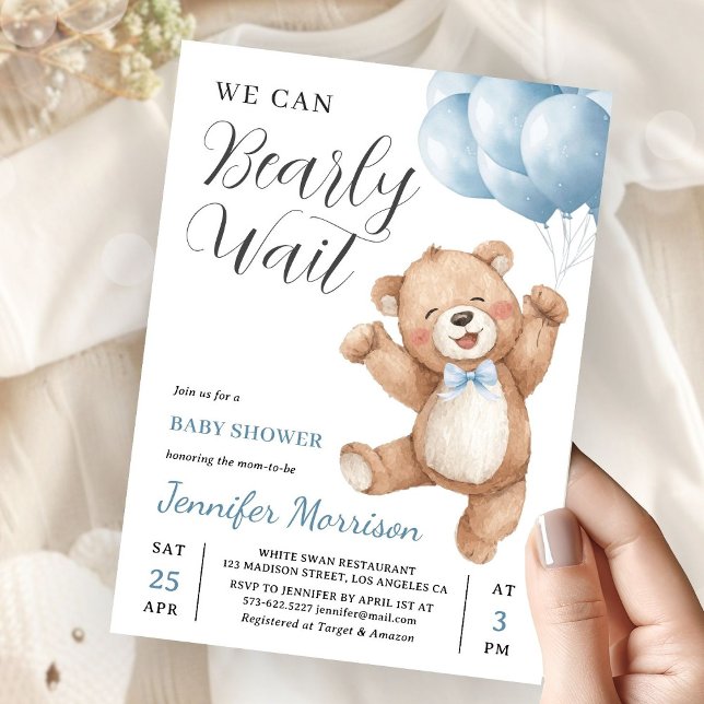 Invitation We Can Bearly Wait Boy Teddy Bear Baby Shower (Créateur téléchargé)