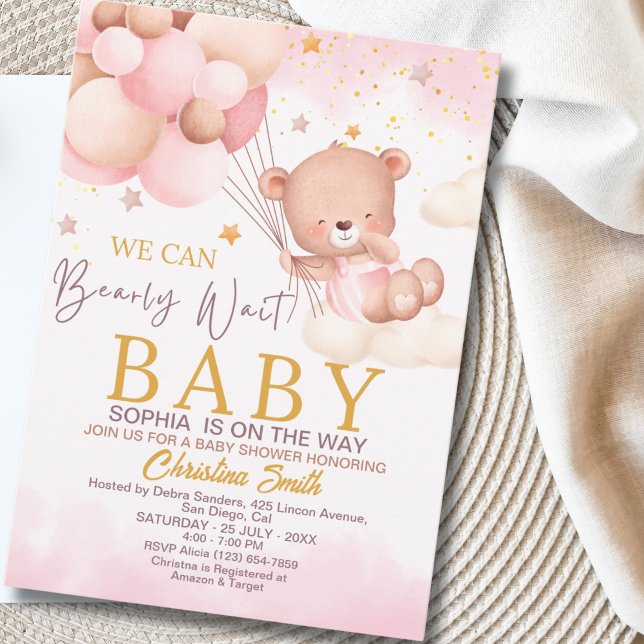 Invitation We Can Bearly Wait Cute Bear Girl Baby Shower (Créateur téléchargé)