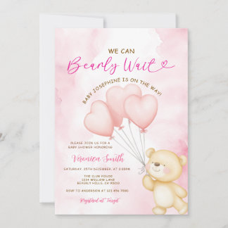 Invitation We can bearly wait pink balloon girl baby shower