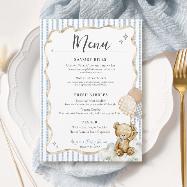 Invitation We Can Bearly Wait Teddy Bear Baby Boy Shower Menu (We Can Bearly Wait teddy bear watercolor blue bow & beige ribbon digital baby boy shower menu card)