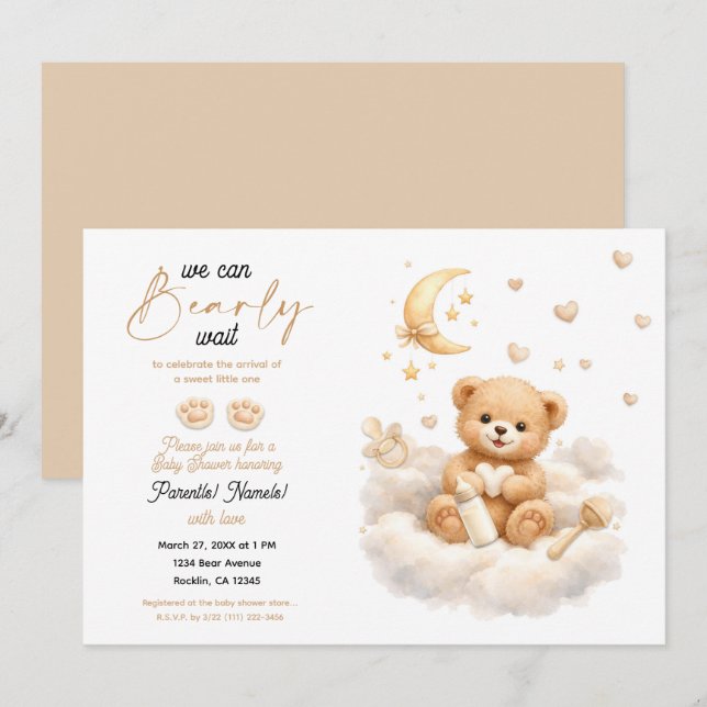 Invitation We can Bearly Wait Teddy Bear Baby Shower (Devant / Derrière)