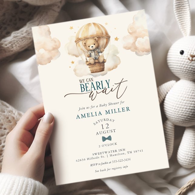 Invitation We Can Bearly Wait Teddy Bear Balloon Baby Shower (We Can Bearly Wait Teddy Bear Hot Air Balloon Baby Boy Shower Invitation)