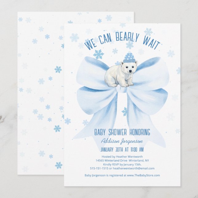 Invitation We Can Bearly Wait Winter Polar Bear Baby Shower (Devant / Derrière)