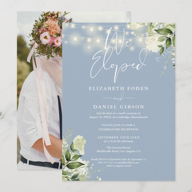 Invitation We Eloped Greenery Dusty Blue Photo Wedding Party (Devant / Derrière)